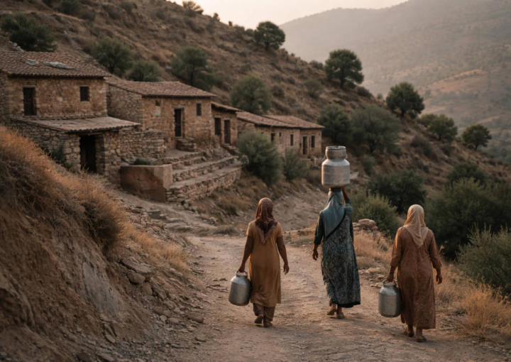 Tres mujeres caminando por un sendero rural con recipientes de agua hacia un pueblo de montaña al atardecer