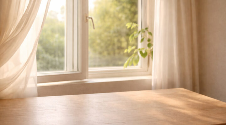 Mesa de madera junto a una ventana abierta con cortinas suaves y luz natural entrando en una habitación tranquila