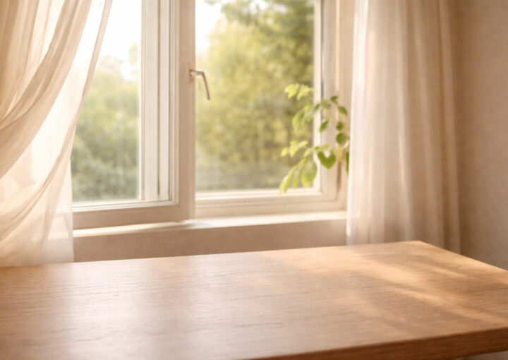 Mesa de madera junto a una ventana abierta con cortinas suaves y luz natural entrando en una habitación tranquila
