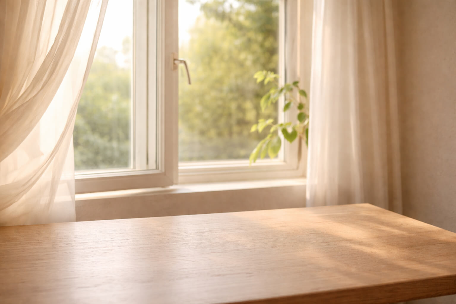 Mesa de madera junto a una ventana abierta con cortinas suaves y luz natural entrando en una habitación tranquila
