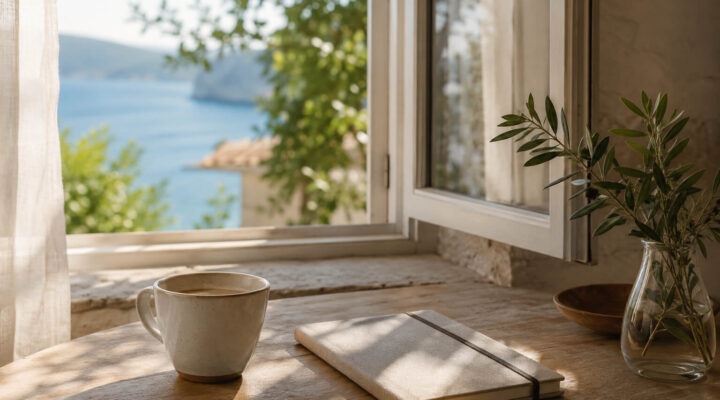 Mesa de madera junto a una ventana abierta con vistas al mar, una taza de cerámica y un cuaderno iluminados por la luz suave del verano.
