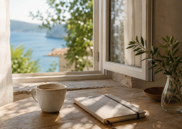 Mesa de madera junto a una ventana abierta con vistas al mar, una taza de cerámica y un cuaderno iluminados por la luz suave del verano.