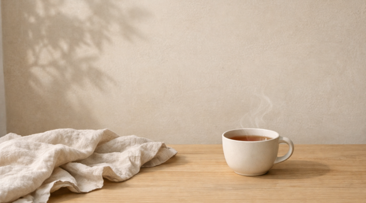 Taza de té sobre mesa de madera clara con tela de lino y sombra de planta en pared beige iluminada por luz natural lateral.