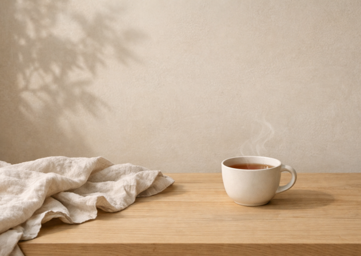 Taza de té sobre mesa de madera clara con tela de lino y sombra de planta en pared beige iluminada por luz natural lateral.