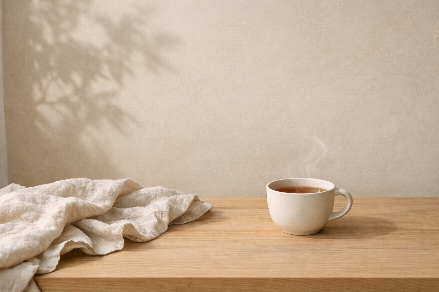 Taza de té sobre mesa de madera clara con tela de lino y sombra de planta en pared beige iluminada por luz natural lateral.
