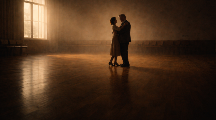Pareja adulta bailando lentamente en una sala casi vacía, envuelta en luz tenue y silencio.