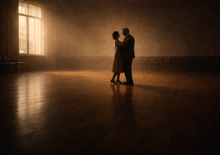 Pareja adulta bailando lentamente en una sala casi vacía, envuelta en luz tenue y silencio.