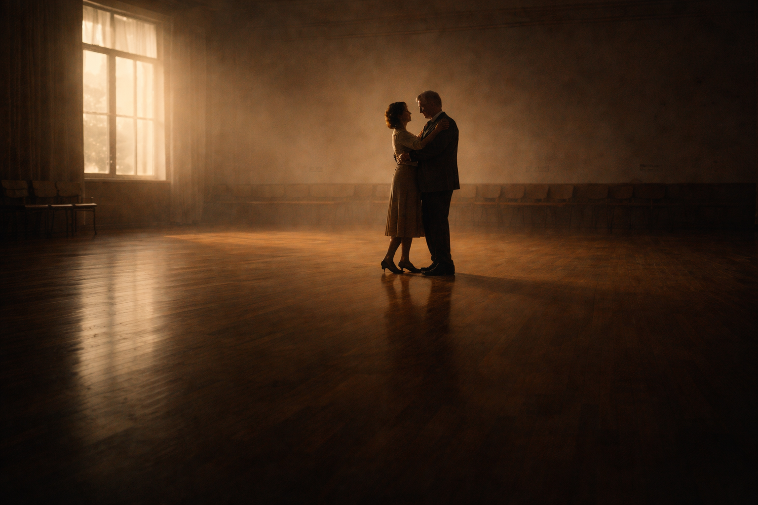 Pareja adulta bailando lentamente en una sala casi vacía, envuelta en luz tenue y silencio.