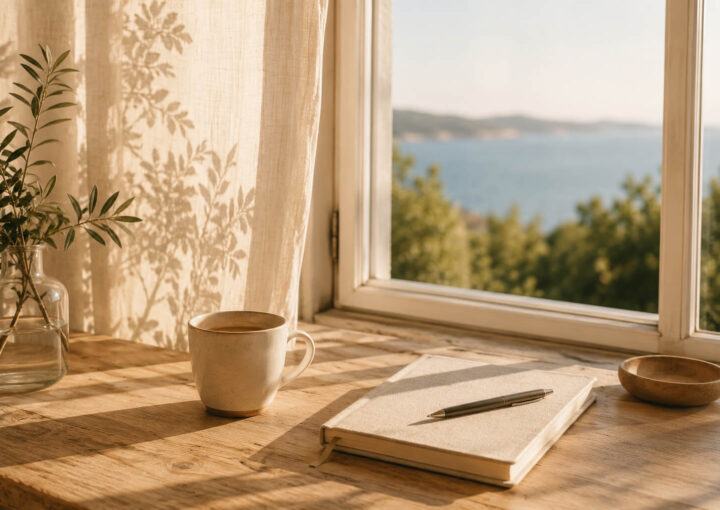 Taza de cerámica y cuaderno sobre una mesa de madera junto a una ventana abierta con vistas al mar, iluminados por la luz cálida de una tarde de verano.