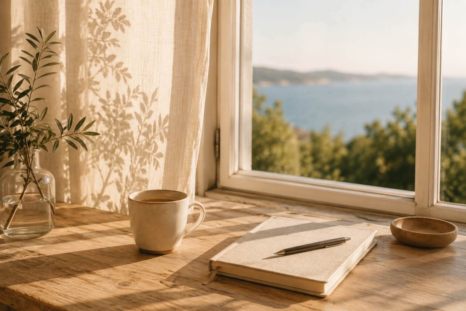 Taza de cerámica y cuaderno sobre una mesa de madera junto a una ventana abierta con vistas al mar, iluminados por la luz cálida de una tarde de verano.