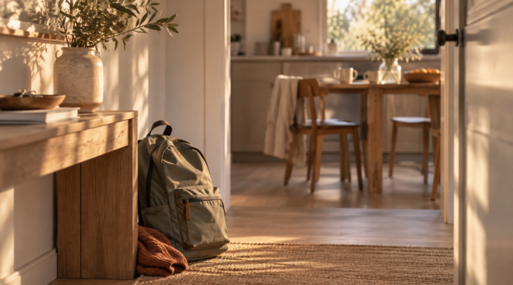 Mochila escolar junto a la entrada de una casa, con una mesa familiar al fondo iluminada por la luz cálida de la tarde.