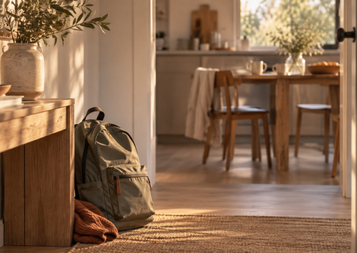 Mochila escolar junto a la entrada de una casa, con una mesa familiar al fondo iluminada por la luz cálida de la tarde.