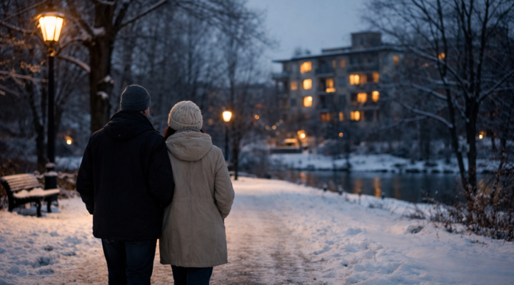 Pareja caminando junta en un parque al atardecer en invierno, luz cálida en viviendas al fondo.