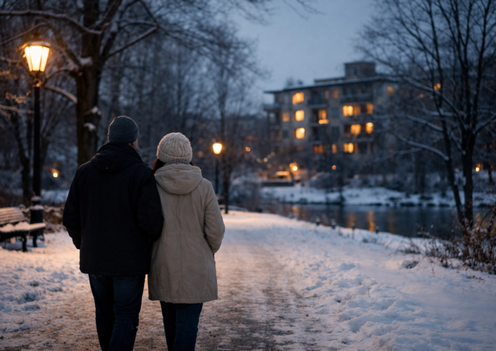Pareja caminando junta en un parque al atardecer en invierno, luz cálida en viviendas al fondo.