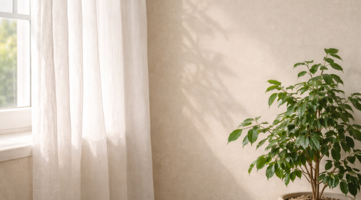 Ventana con cortina de lino y planta verde junto a pared beige iluminada por luz natural suave.