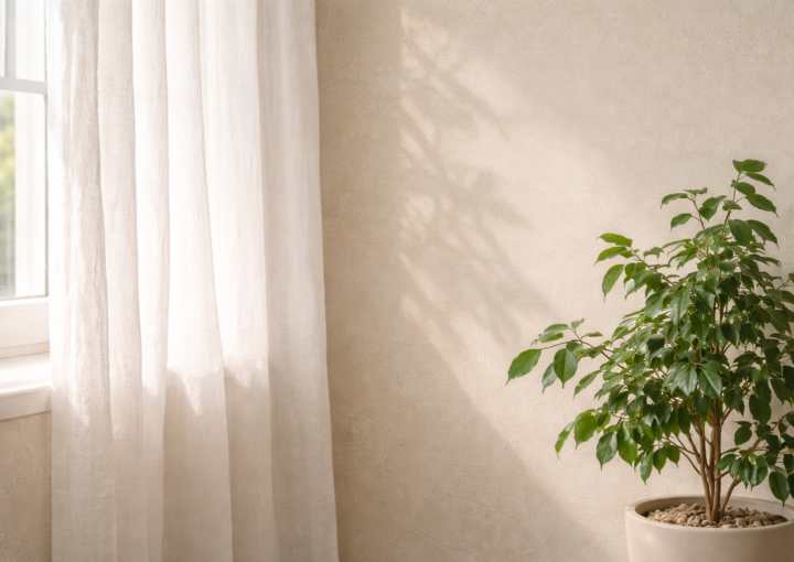 Ventana con cortina de lino y planta verde junto a pared beige iluminada por luz natural suave.