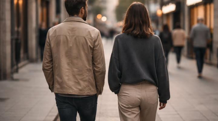 Dos personas adultas caminando una al lado de la otra por una calle de ciudad, sin contacto físico, en un entorno urbano cotidiano.