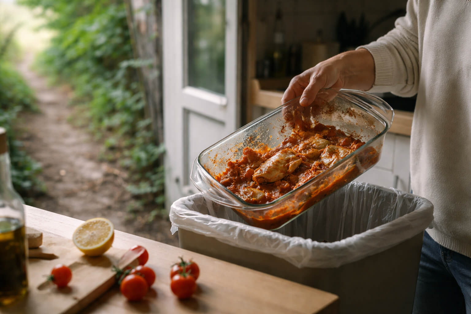 Mujer tirando una fuente de bacalao con tomate a la basura en una cocina con luz natural.