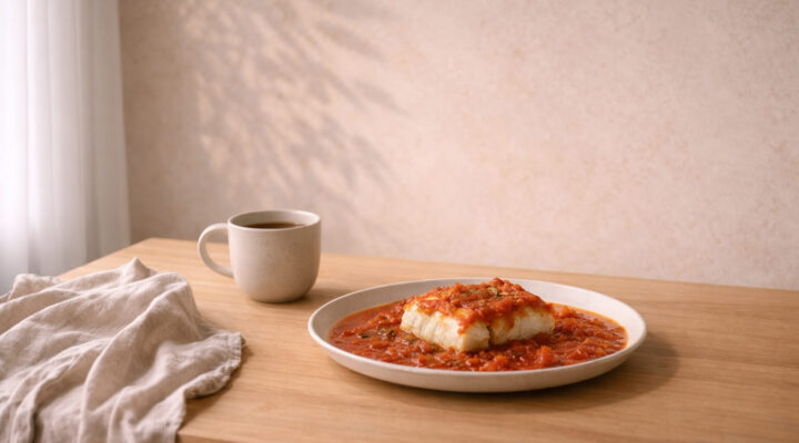 Plato de bacalao con tomate sobre mesa de madera clara junto a una taza en cocina minimalista con luz natural.