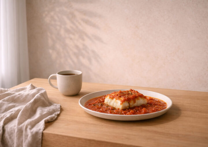 Plato de bacalao con tomate sobre mesa de madera clara junto a una taza en cocina minimalista con luz natural.