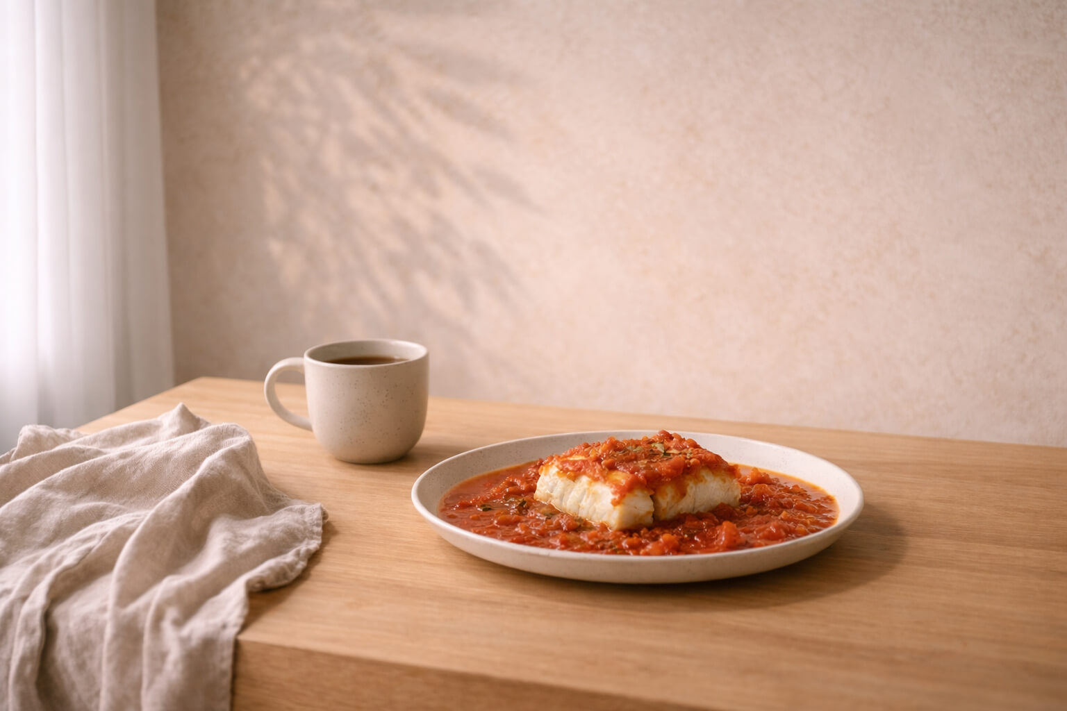 Plato de bacalao con tomate sobre mesa de madera clara junto a una taza en cocina minimalista con luz natural.