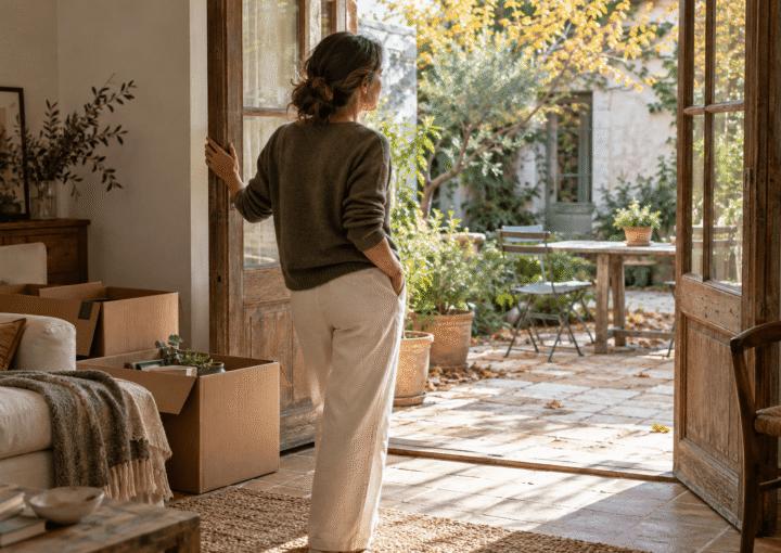 Mujer junto a una puerta abierta hacia un patio otoñal, con cajas de mudanza en el salón.