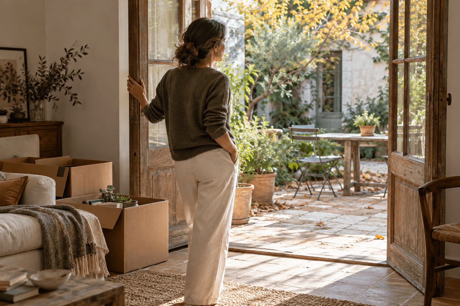 Mujer junto a una puerta abierta hacia un patio otoñal, con cajas de mudanza en el salón.