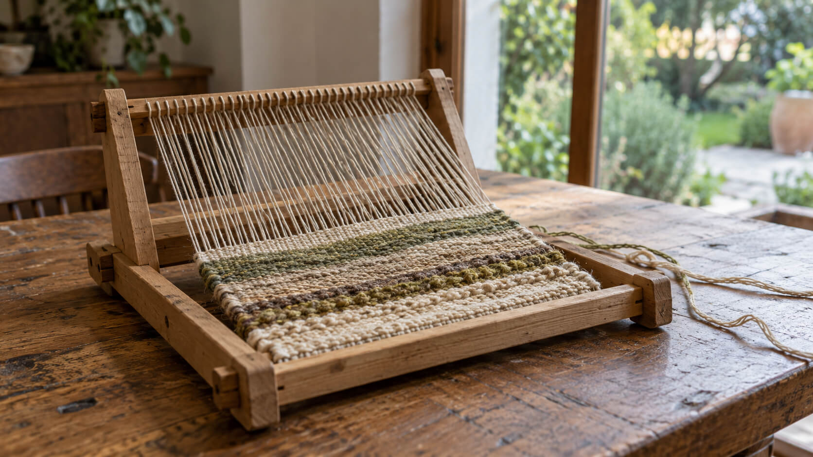 Telar de madera con un tejido parcialmente realizado en tonos crudos, tierra y verde, sobre una mesa junto a una ventana al jardín.