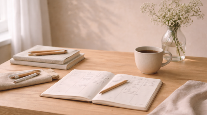Cuaderno abierto con lápiz sobre mesa de madera clara, taza y cuadernos apilados con flores en interior minimalista con luz natural.