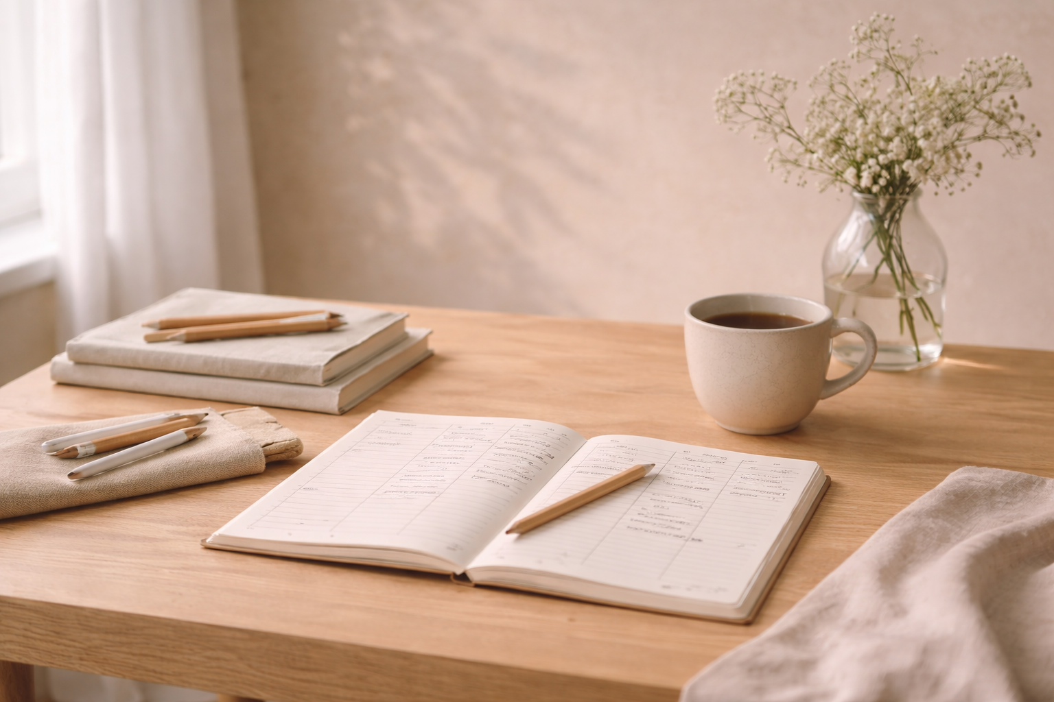 Cuaderno abierto con lápiz sobre mesa de madera clara, taza y cuadernos apilados con flores en interior minimalista con luz natural.