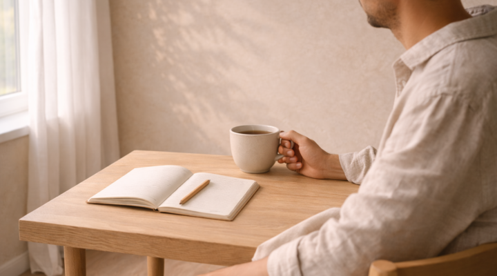Hombre sentado en una mesa de madera con cuaderno y taza de té junto a una ventana con luz natural suave.