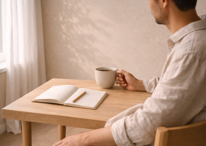 Hombre sentado en una mesa de madera con cuaderno y taza de té junto a una ventana con luz natural suave.