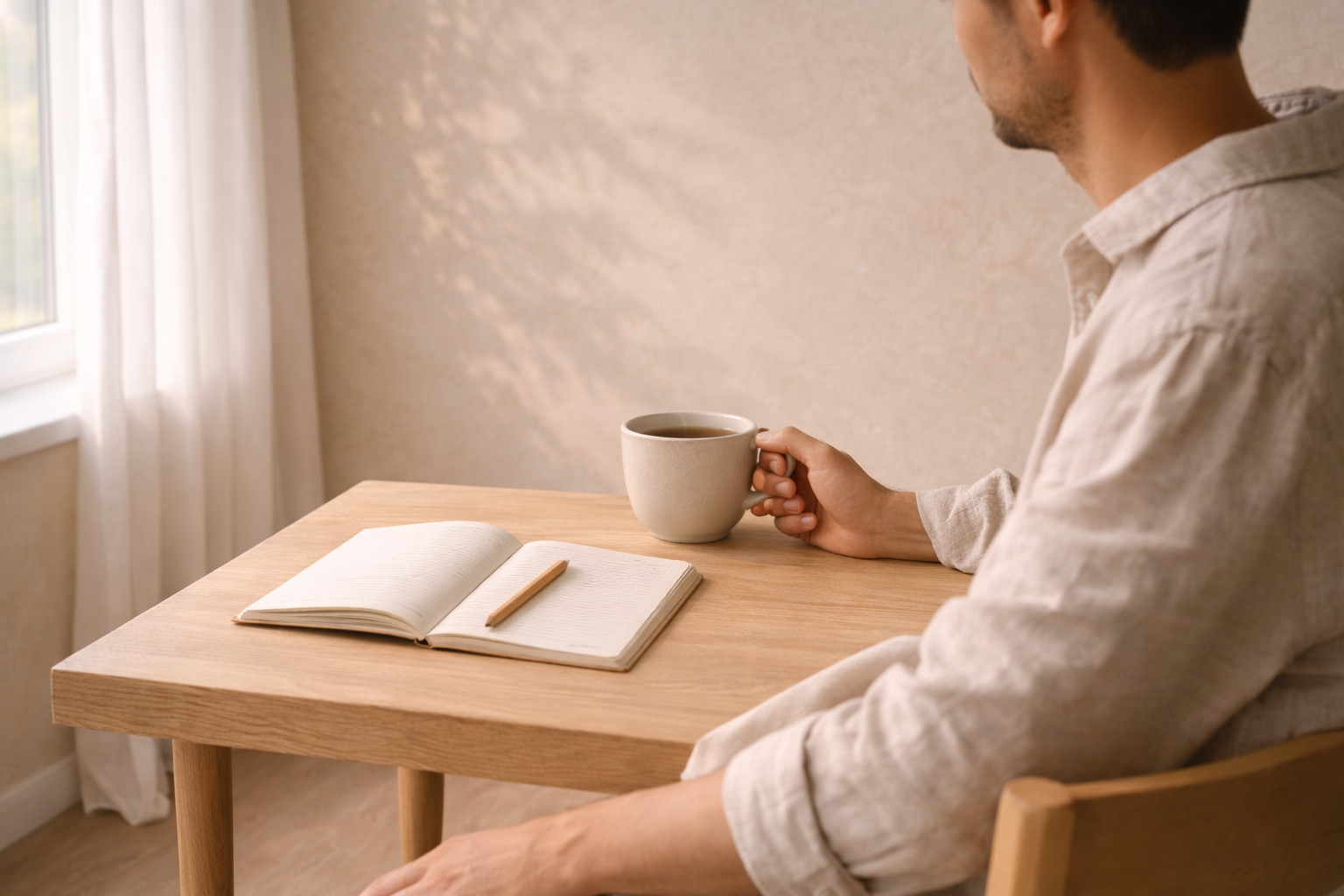 Hombre sentado en una mesa de madera con cuaderno y taza de té junto a una ventana con luz natural suave.