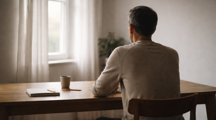 Persona adulta sentada de espaldas en una mesa de madera, en silencio, con luz natural, en un momento de reflexión personal