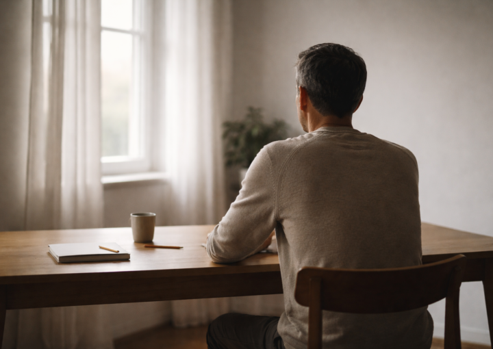 Persona adulta sentada de espaldas en una mesa de madera, en silencio, con luz natural, en un momento de reflexión personal