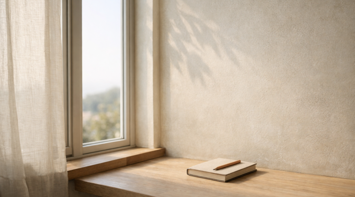 Cuaderno cerrado con un lápiz sobre suelo de madera clara frente a una pared beige con sombra de planta y luz natural suave.