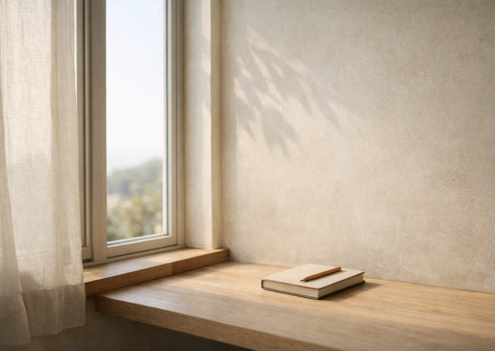 Cuaderno cerrado con un lápiz sobre suelo de madera clara frente a una pared beige con sombra de planta y luz natural suave.