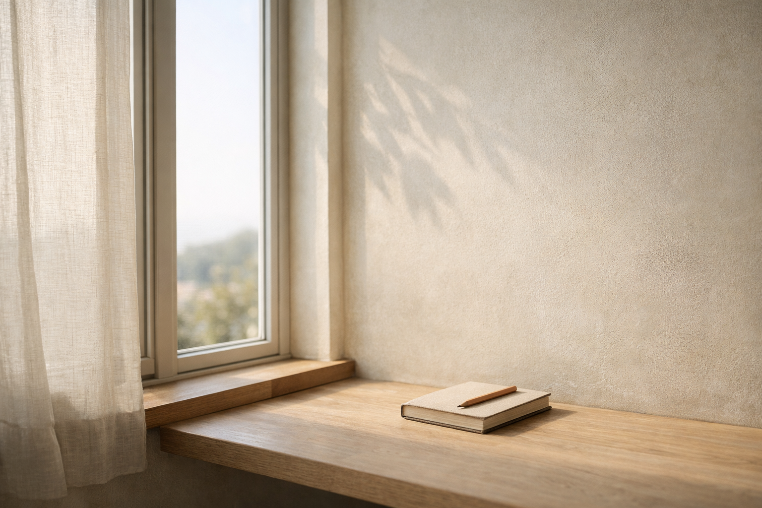Cuaderno cerrado con un lápiz sobre suelo de madera clara frente a una pared beige con sombra de planta y luz natural suave.