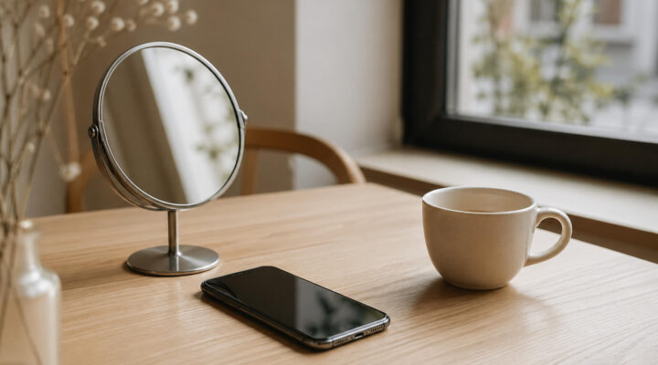 Mesa de madera junto a una ventana con luz natural, un espejo, un móvil y una taza blanca en un ambiente minimalista y tranquilo