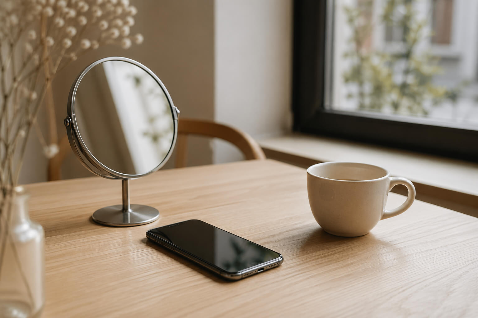 Mesa de madera junto a una ventana con luz natural, un espejo, un móvil y una taza blanca en un ambiente minimalista y tranquilo
