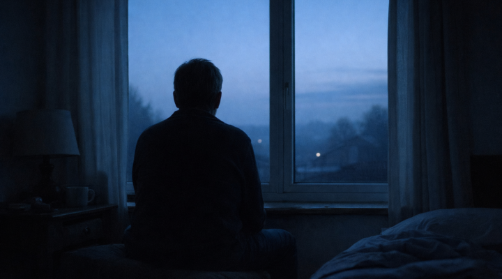 Persona adulta de espaldas sentada junto a una ventana con luz de madrugada en un interior doméstico silencioso