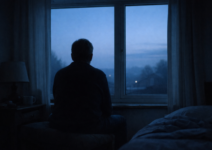 Persona adulta de espaldas sentada junto a una ventana con luz de madrugada en un interior doméstico silencioso