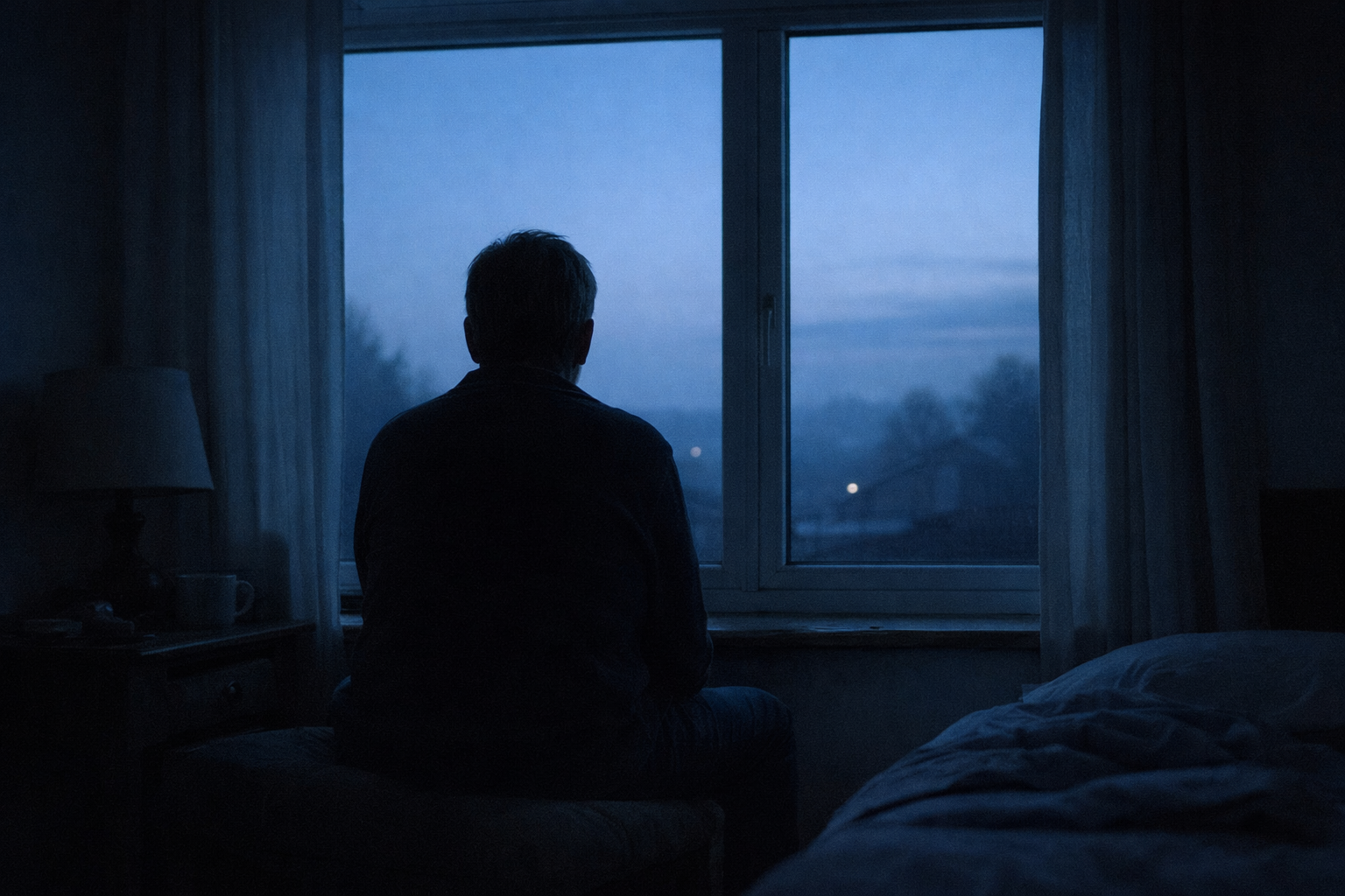 Persona adulta de espaldas sentada junto a una ventana con luz de madrugada en un interior doméstico silencioso