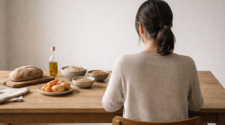 Persona adulta vista de espaldas sentada en una mesa en un espacio interior sencillo