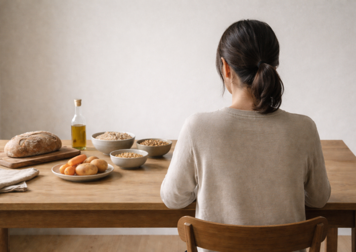 Persona adulta vista de espaldas sentada en una mesa en un espacio interior sencillo