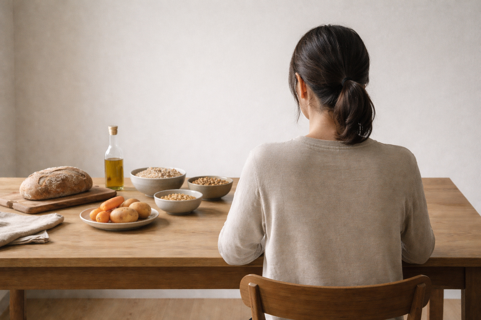 Persona adulta vista de espaldas sentada en una mesa en un espacio interior sencillo