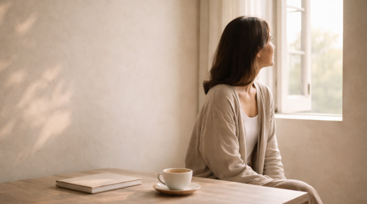 Persona sentada junto a una ventana en un interior minimalista con pared beige y una taza de té junto a un cuaderno, iluminados por luz natural suave.