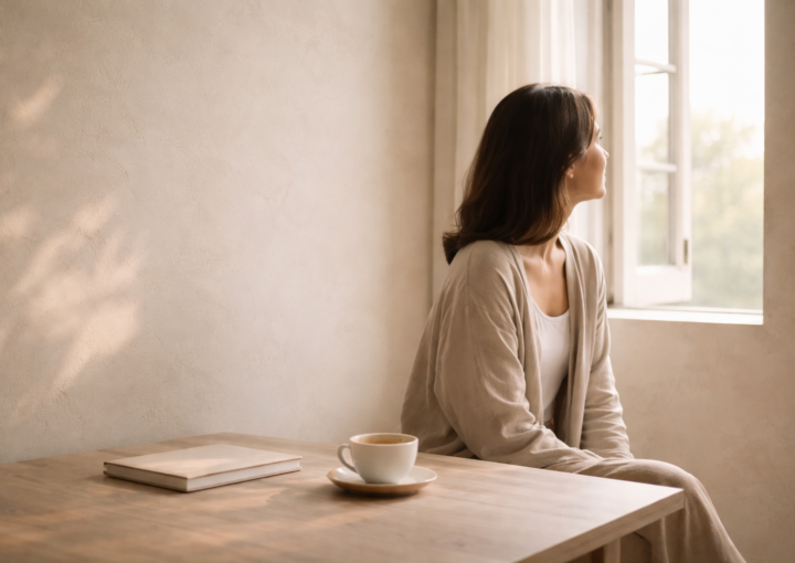 Persona sentada junto a una ventana en un interior minimalista con pared beige y una taza de té junto a un cuaderno, iluminados por luz natural suave.