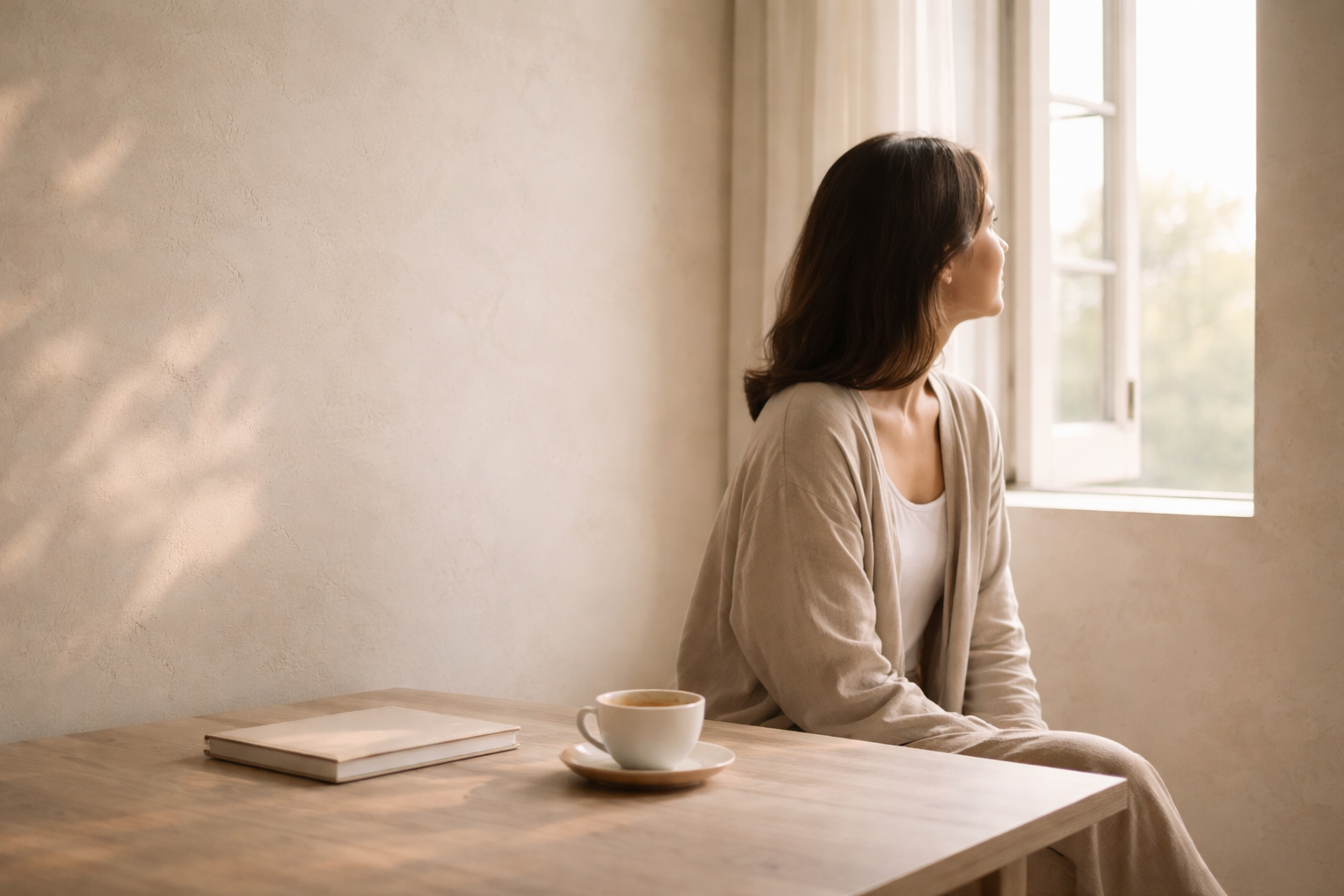 Persona sentada junto a una ventana en un interior minimalista con pared beige y una taza de té junto a un cuaderno, iluminados por luz natural suave.