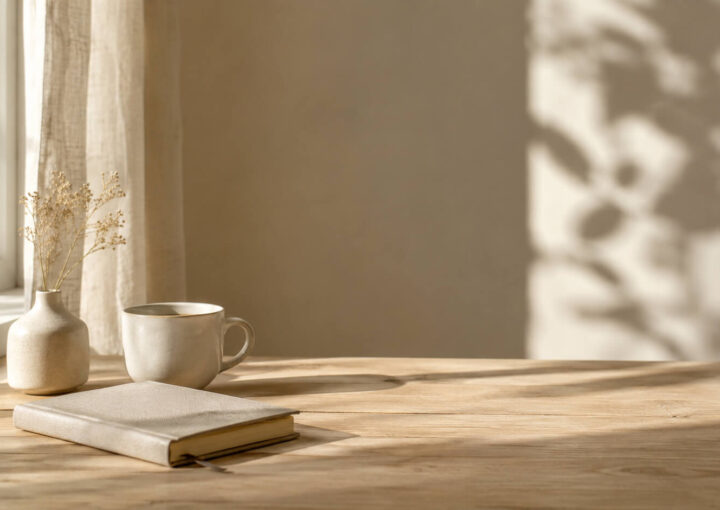 Taza de cerámica y cuaderno sobre una mesa de madera junto a una ventana iluminada por luz natural suave, en un ambiente sereno y reflexivo.